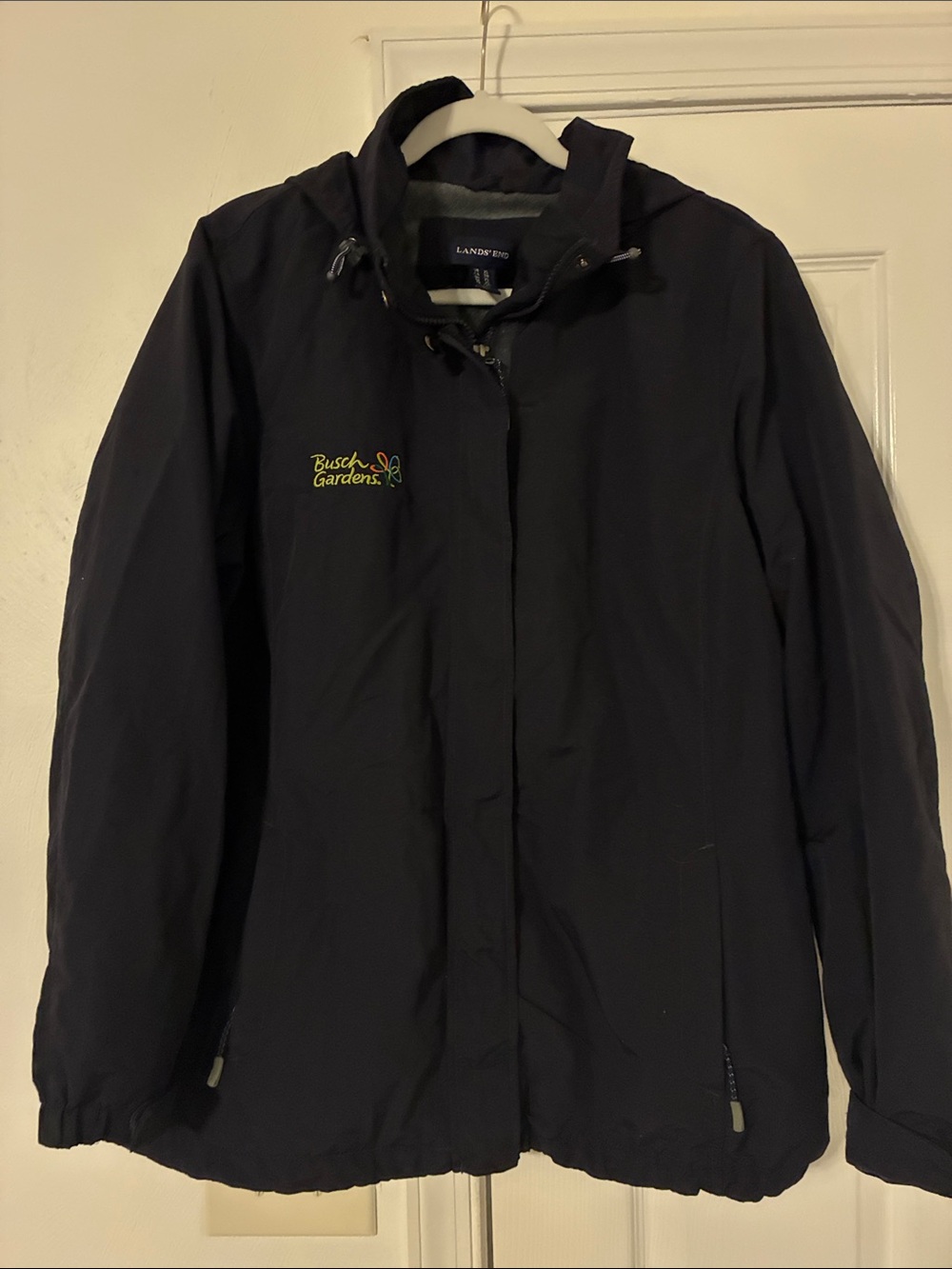 Lands' End Black Fleece lined Jacket with Busch Gardens Embroidery